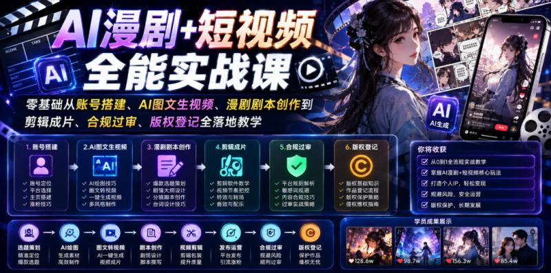AI漫剧+短视频全能实战课｜零基础从账号搭建、AI图文生视频、漫剧剧本创作到剪辑成片、合规过审、版权登记全落地教学