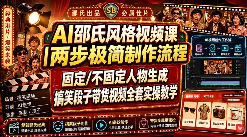 （19602期）AI邵氏风格视频课｜两步极简制作流程，固定/不固定人物生成，搞笑段子带货视频全套实操教学
