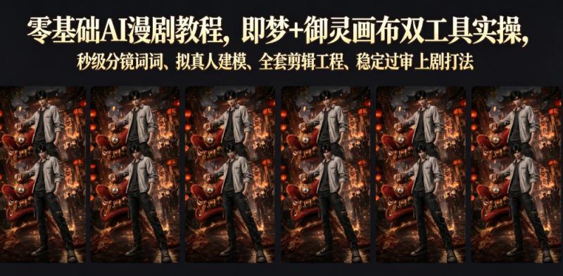 零基础AI漫剧教程，即梦+御灵画布双工具实操，秒级分镜提示词、拟真人建模、全套剪辑工程、稳定过审上剧打法