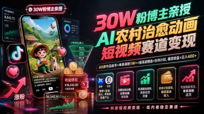 （19648期）30W粉博主亲授AI农村治愈动画短视频赛道变现：60条作品起号×单条涨粉1W+×极易进精选+伙伴计划，稳定收益×日入400+