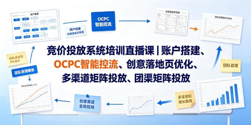 竞价投放系统培训直播课｜账户搭建、OCPC智能控流、创意落地页优化、多渠道矩阵投放、团队管理与副业变现全阶实战