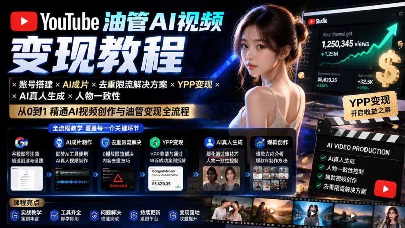 (19689期)YouTube油管AI视频变现教程:账号搭建×AI成片×去重限流解决方案×YPP变现×AI真人生成×人物一致性 (19689期)YouTube油管AI视频变现教程:账号搭建×AI成片×去重限流解决方案×YPP变现×AI真人生成×人物一致性