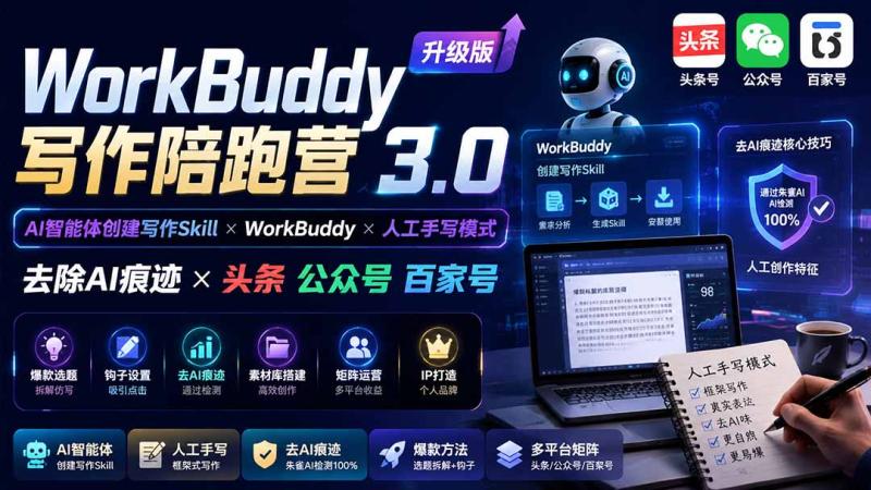 （19720期）WorkBuddy写作陪跑营3.0-更新：Ai智能体创建写作Skill×WorkBuddy×人工手写模式×去除AI痕迹×头条公众号百家号