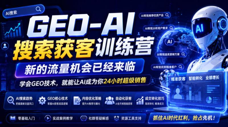 GEO-AI搜索获客训练营，新的流量机会已经来临，学会GEO技术，就能让AI成为你24小时超级销售