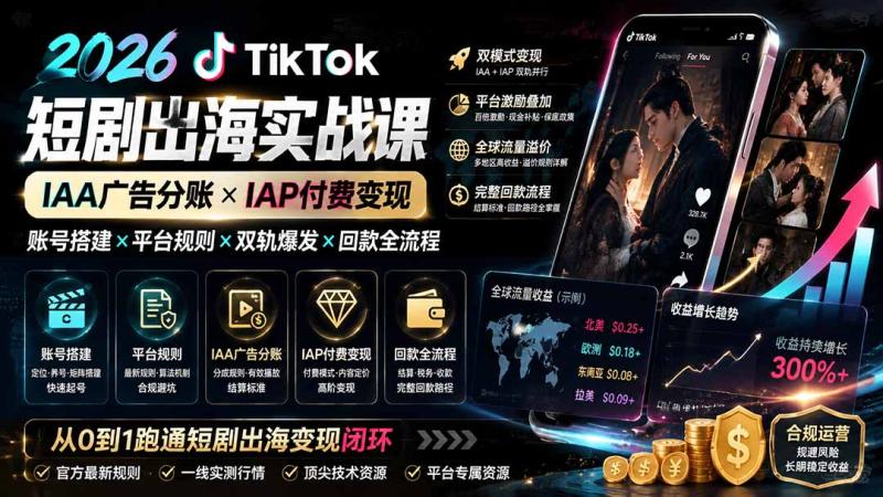 （19740期）2026TikTok短剧出海实战课：IAA广告分账×IAP付费变现×账号搭建×平台规则×双轨爆发×回款全流程