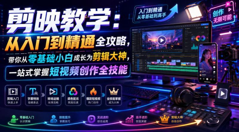 剪映教学：从入门到精通全攻略，带你从零基础小白成长为剪辑大神，一站式掌握短视频创作全技能