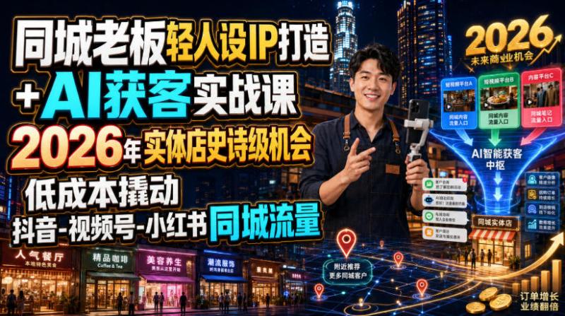同城老板轻人设IP打造+AI获客实战课，2026年实体店史诗级机会，低成本撬动抖音-视频号-小红书同城流量