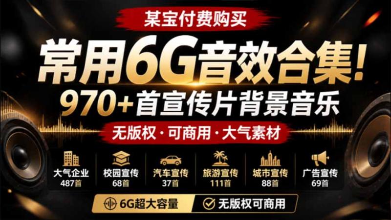 （19764期）某宝付费购买，常用6G音效合集！970+首宣传片背景音乐，无版权可商用大气素材，分类清晰，高质量内容