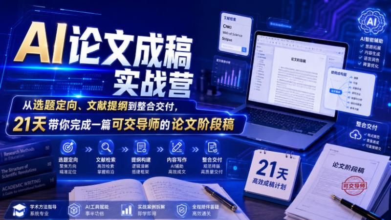AI论文成稿实战营，从选题定向、文献提纲到整合交付，21天带你完成一篇可交导师的论文阶段稿