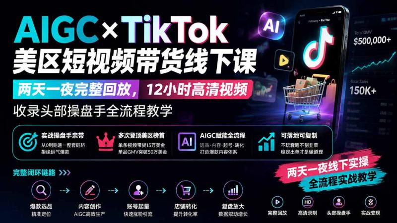 （19778期）AIGC×TikTok美区短视频带货线下课；两天一夜完整回放，12小时高清视频收录头部操盘手全流程教学