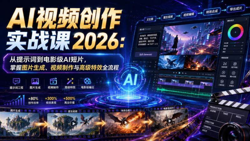 AI视频创作实战课2026：从提示词到电影级AI短片，掌握图片生成、视频制作与高级特效全流程