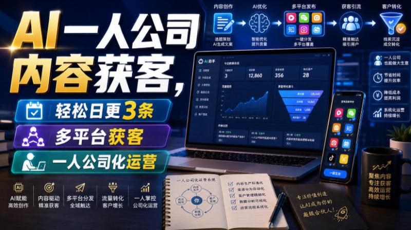 AI一人公司内容获客，轻松日更3条，多平台获客，一人公司化运营（更新）