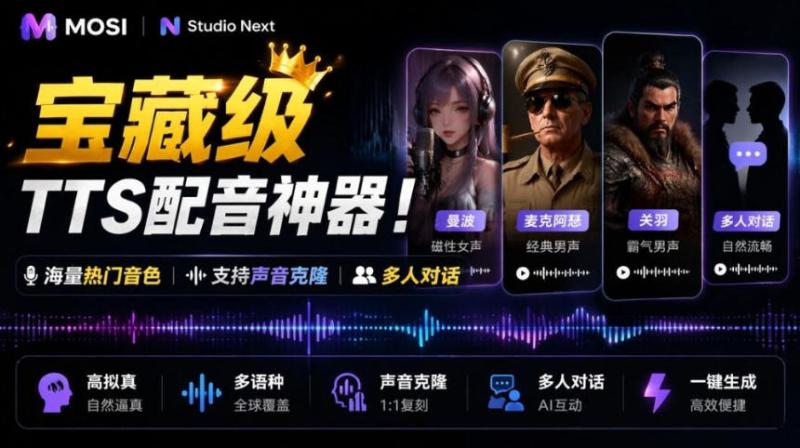 热门AI配音工具免费用！内置曼波、短剧精选音色等，支持声音克隆，限时活动每日可白嫖200分钟Mossland