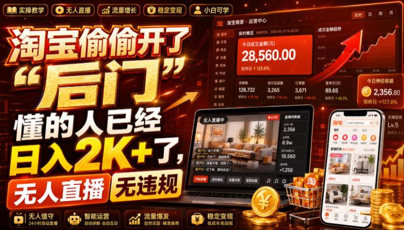 淘宝偷偷开了“后门”，懂的人已经日入2K+了，无人直播无违规，一台电脑=一家24小时营业的线上门店【揭秘】