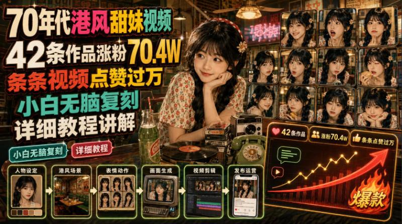 70年代港风甜妹视频，42条作品涨粉70.4W，条条视频点赞过万，小白无脑复刻，详细教程讲解