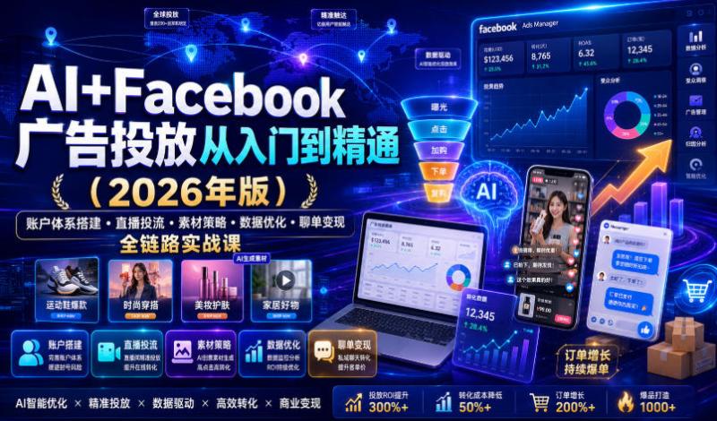 AI+Facebook广告投放从入门到精通（2026年版）｜账户体系搭建・直播投流・素材策略・数据优化・聊单变现全链路实战课