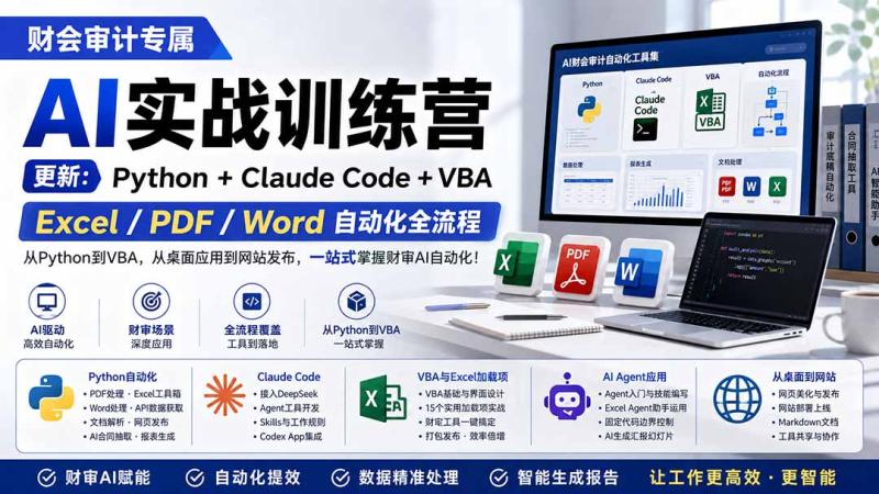 （19887期）财会审计专属 AI实战训练营：Python+Claude Code+VBA，Excel/PDF/Word自动化全流程 (更新)