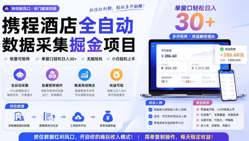 携程酒店全自动采集项目，全程自动浏览，可批量矩阵放大，单机日收300+【揭秘】
