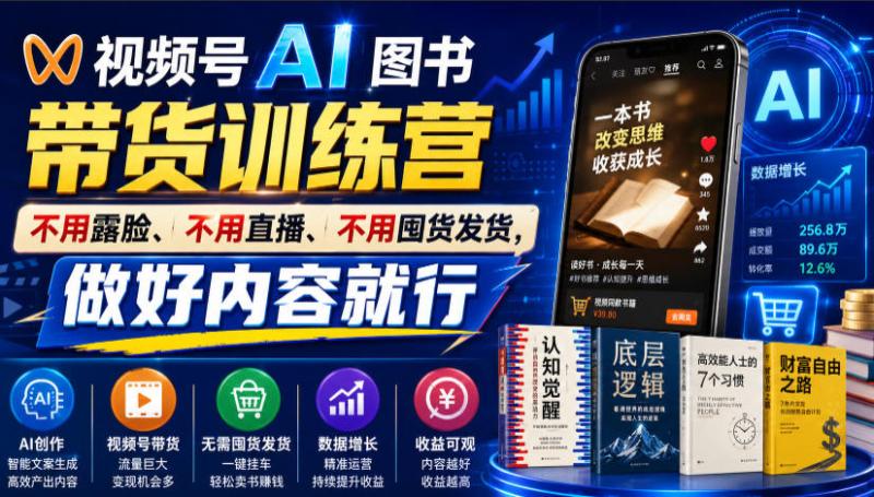 视频号AI图书带货训练营，不用露脸、不用直播、不用囤货发货，做好内容就行，一条爆款视频佣金8942