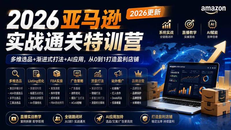 （19907期）2026亚马逊实战通关特训营-2026更新，多维选品+渐进式打法+AI应用，从0到1打造盈利店铺