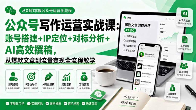 （19914期）公众号写作运营实战课：账号搭建+IP定位+对标分析+AI高效撰稿，从爆款文章到流量变现全流程教学