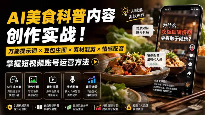 （19730期）外面卖199元-AI美食科普内容创作实战！万能提示词×豆包生图×素材混剪×情感配音，掌握短视频账号运营方法