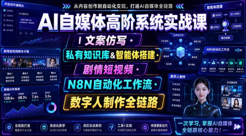 AI自媒体高阶系统实战课｜文案仿写・私有知识库&智能体搭建・剧情短视频・N8N自动化工作流・数字人制作全链路