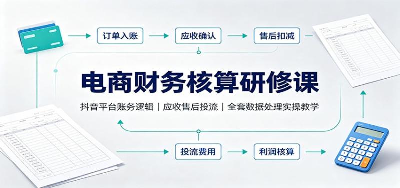 电商财务核算研修课：抖音平台账务逻辑，应收售后投流，全套数据处理实操教学