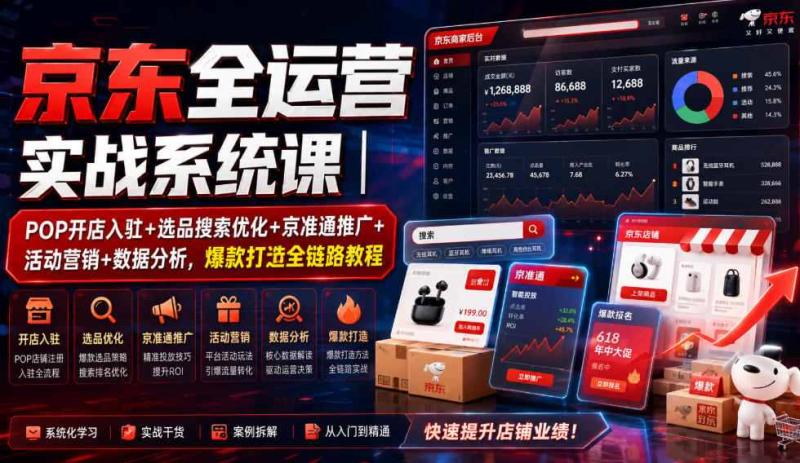 京东全运营实战系统课｜POP开店入驻+选品搜索优化+京准通推广+活动营销+数据分析，爆款打造全链路教程