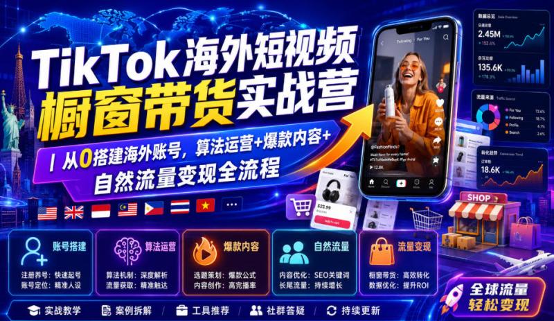TikTok海外短视频橱窗带货实战营｜从0搭建海外账号，算法运营+爆款内容+自然流量变现全流程