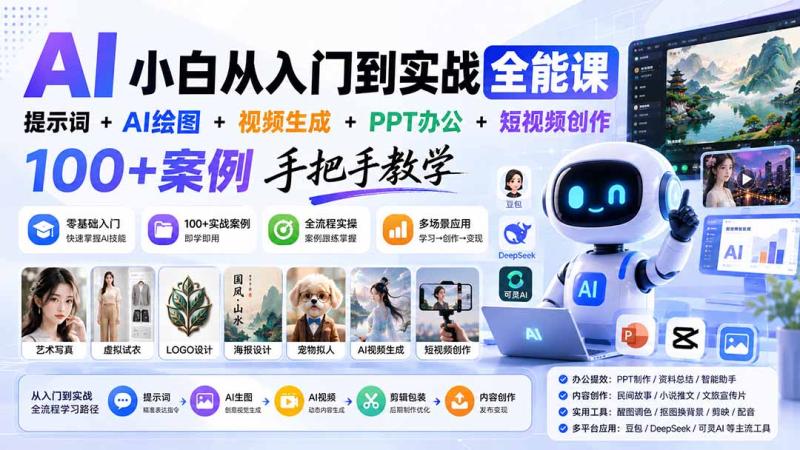 （20018期）AI小白从入门到实战全能课：提示词+AI绘图+视频生成+PPT办公+短视频创作，100+案例手把手教学