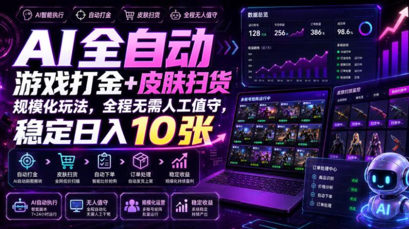 AI全自动游戏扫货和打金币，日入几百，收益长期稳定，上班族副业福音！