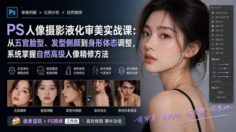 （20062期）PS人像摄影液化审美实战课：从五官脸型、发型侧颜到身形体态调整，系统掌握自然高级人像精修方法