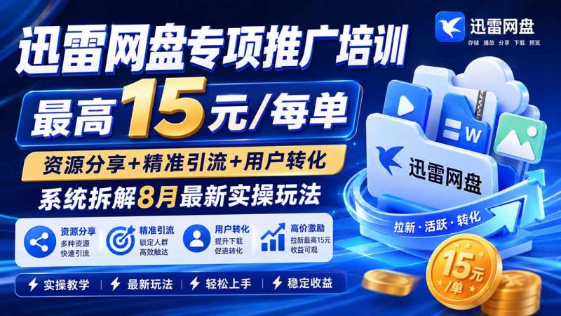 （20079期）迅雷网盘专项推广培训-更新08月——最高15元/每单，资源分享+精准引流+用户转化，系统拆解最新实操玩法
