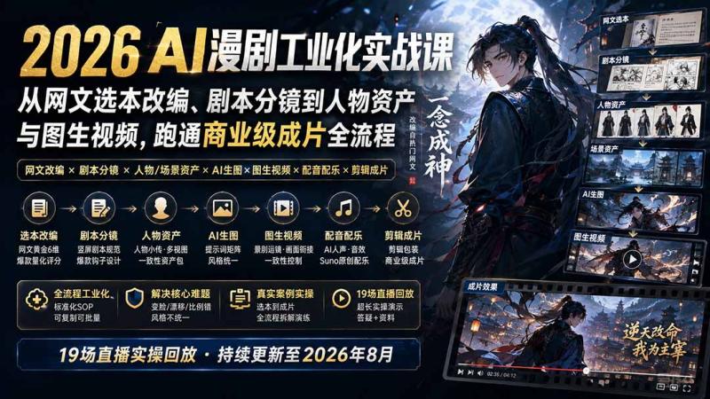 （20068期）2026 AI漫剧工业化实战课-更新：从网文选本改编、剧本分镜到人物资产与图生视频，跑通商业级成片全流程