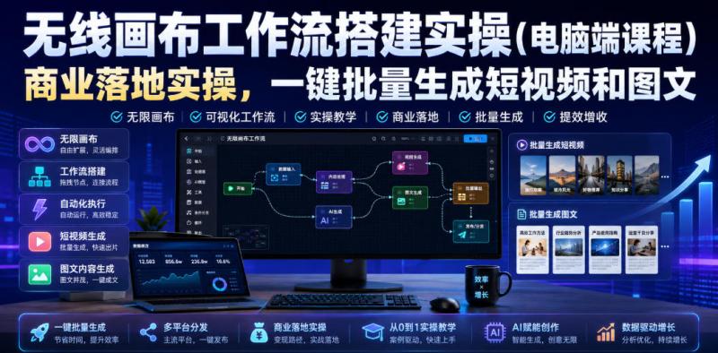 无线画布工作流搭建实操（电脑端课程），商业落地实操，一键批量生成短视频和图文