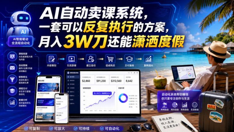 AI自动卖课系统，一套可以反复执行的方案，月入3W刀还能潇洒度假【原创双语字幕】