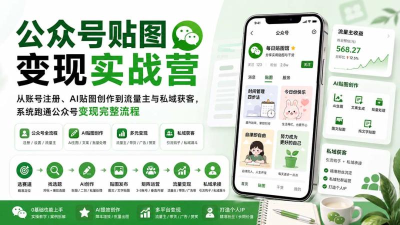 （20120期）公众号贴图变现实战营：从账号注册、AI贴图创作到流量主与私域获客，系统跑通公众号变现完整流程