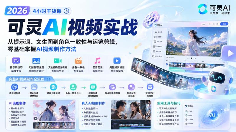 （20136期）2026可灵AI视频实战-4小时干货课：从提示词、文生图到角色一致性与运镜剪辑，零基础掌握AI视频制作方法