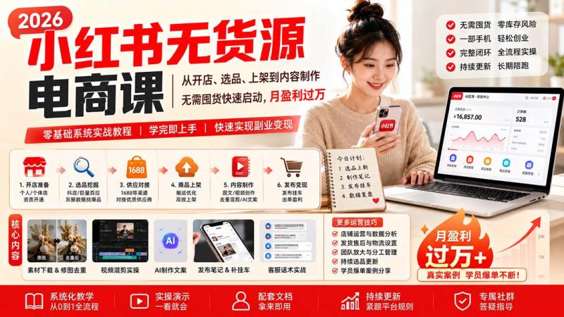 （20154期）小红书无货源电商课(8月30更新)：从开店、选品、上架到内容制作，无需囤货快速启动，月盈利过万