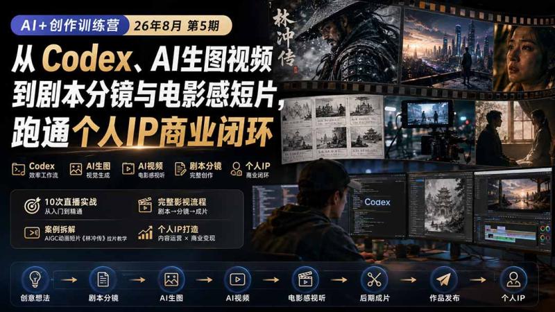 （20145期）AI+创作训练营26年8月第5期：从Codex、AI生图视频到剧本分镜与电影感短片，跑通个人IP商业闭环