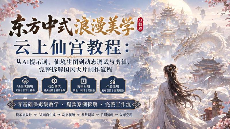 （20147期）东方中式浪漫美学云上仙宫教程：从AI提示词、仙境生图到动态调试与剪辑，完整拆解国风大片制作流程