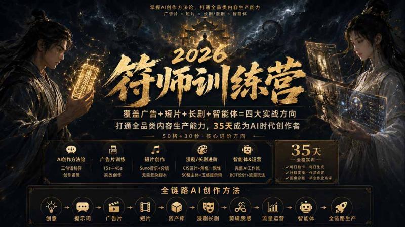 （20186期）符师训练营-35天成为AI时代创作者，广告+短片+漫剧+智能体四大实战方向，掌握从创意到上线的完整工作流