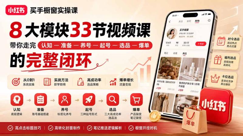（20217期）小红书买手橱窗实操课：8大模块33节视频课，带你走完”认知—准备—养号—起号—选品—爆单”的完整闭环