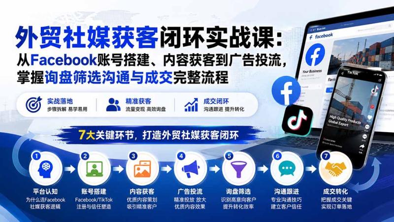 （20218期）外贸社媒获客闭环实战课：从Facebook账号搭建、内容获客到广告投流，掌握询盘筛选沟通与成交完整流程