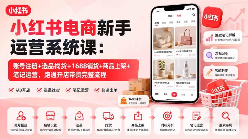 （20219期）小红书电商新手运营系统课：账号注册+选品找货+1688铺货+商品上架+笔记运营，跑通开店带货完整流程