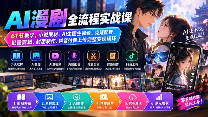 （20199期）AI漫剧全流程实战课｜61节教学，小说取材、AI生图生视频、克隆配音、批量剪辑、封面制作、抖音付费上传完整变现闭环