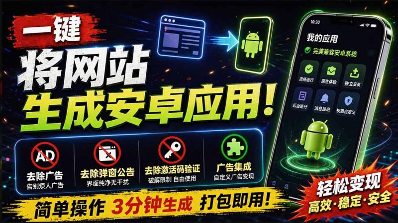 （20205期）目前最好用，一键将网站生成安卓应用！支持去除广告、弹窗公告、激活码验证、广告集成等 web-to-app