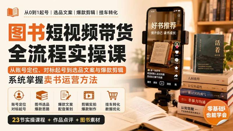 (20239期)图书短视频带货全流程实操课:从账号定位、对标起号到选品文案与爆款剪辑,系统掌握卖书运营方法