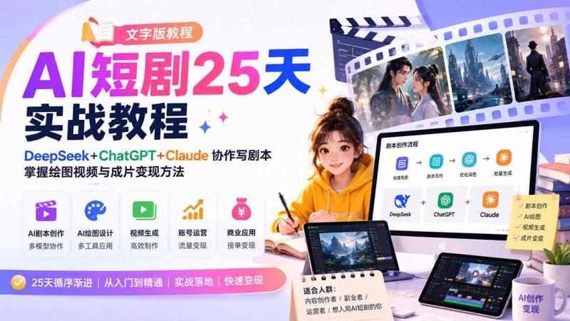 (20225期)AI短剧25天实战教程(文字版教程):DeepSeek+ChatGPT+Claude协作写剧本,掌握绘图视频与成片变现方法